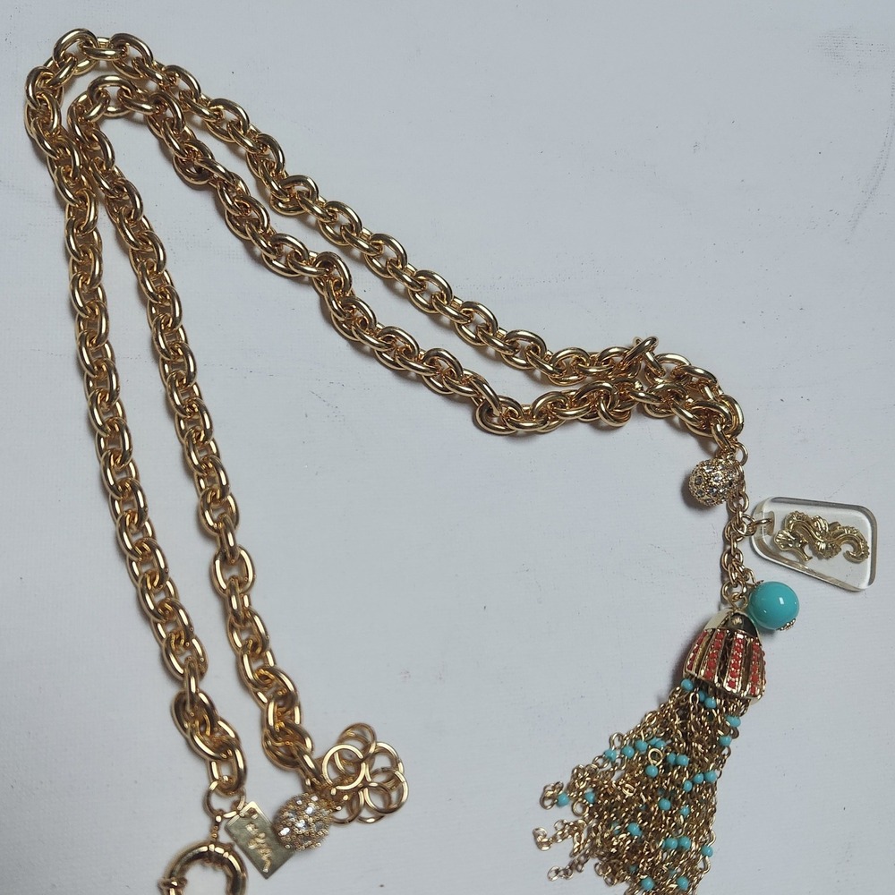 Lilly Pulitzer Gold Seahorse Tassel Statement Necklace Turquoise Coral Nautical - Picture 13 of 16